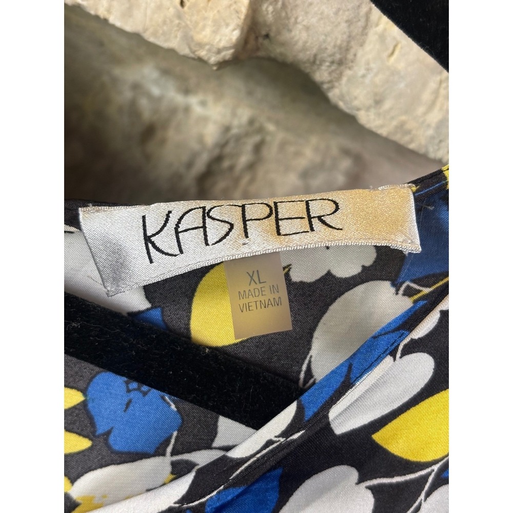 Kasper Women XL Blue Yellow Floral Pleated Cap Sleeve Blouse Top Keyhole Back - Picture 4 of 9